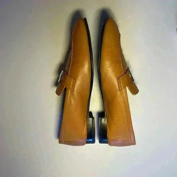 HERMES Paris Loafer 37 7 H Logo Silver Buckle Mules Natural Tan Black Sole - Picture 4 of 12